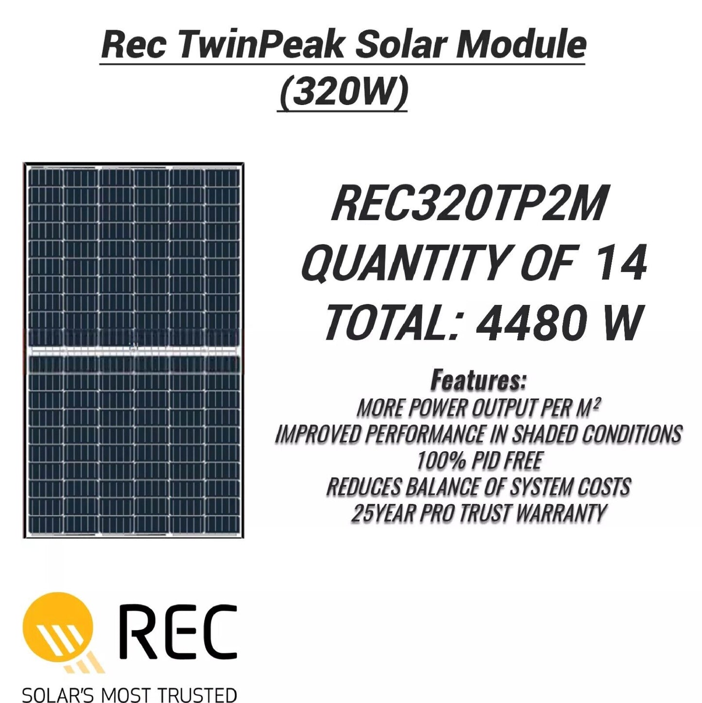 13x REC 320W Mono Solar Panels (REC320TP2M) High Efficiency and Durable