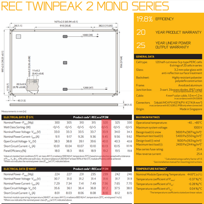 13x REC 320W Mono Solar Panels (REC320TP2M) High Efficiency and Durable